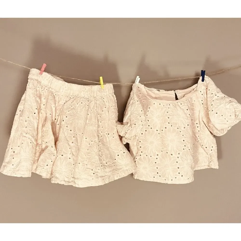 H&M Girls Eyelet Embroidered Top And Skirt Set Dusty Rose Pink 5T Outfit Set